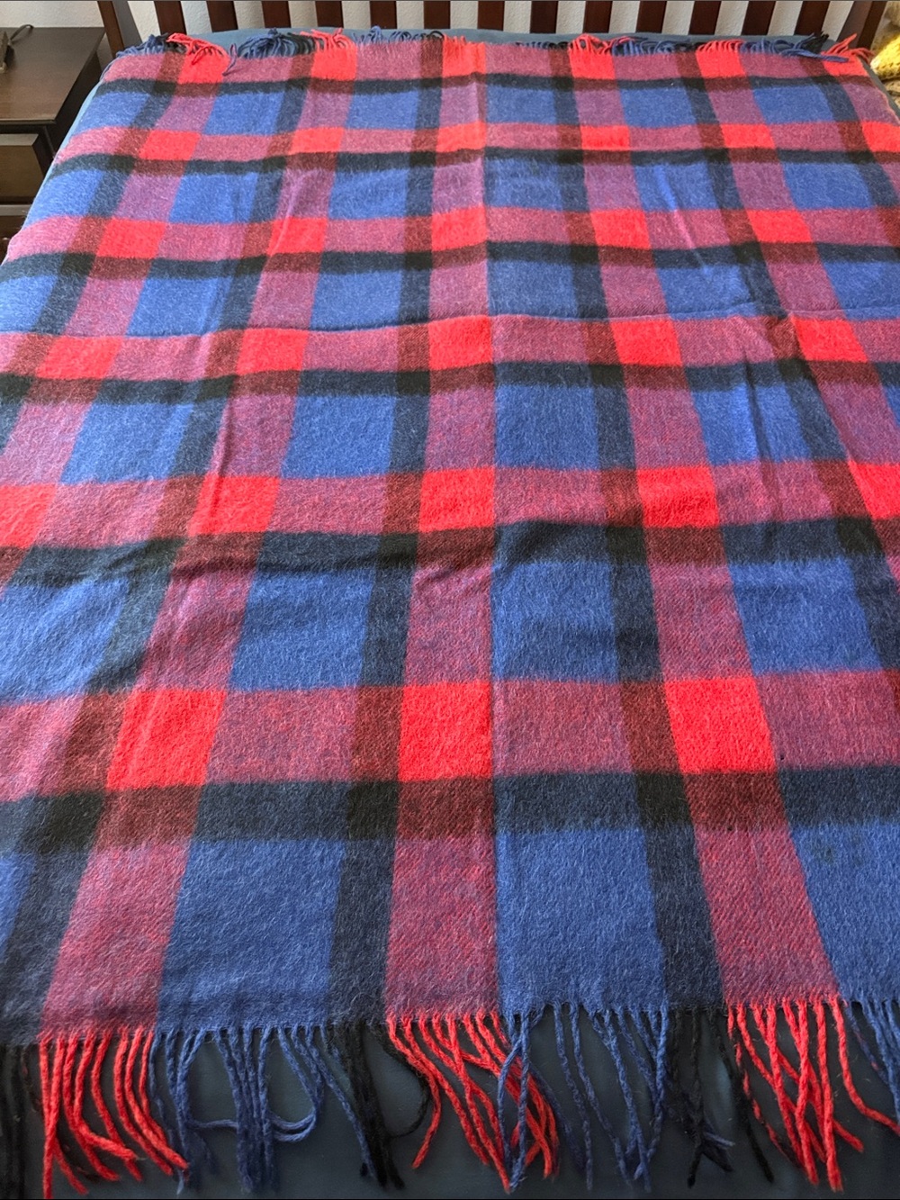 Vintage Red and Blue Plaid Fringe Throw Wool/Mohair Blend Knitted Blanket